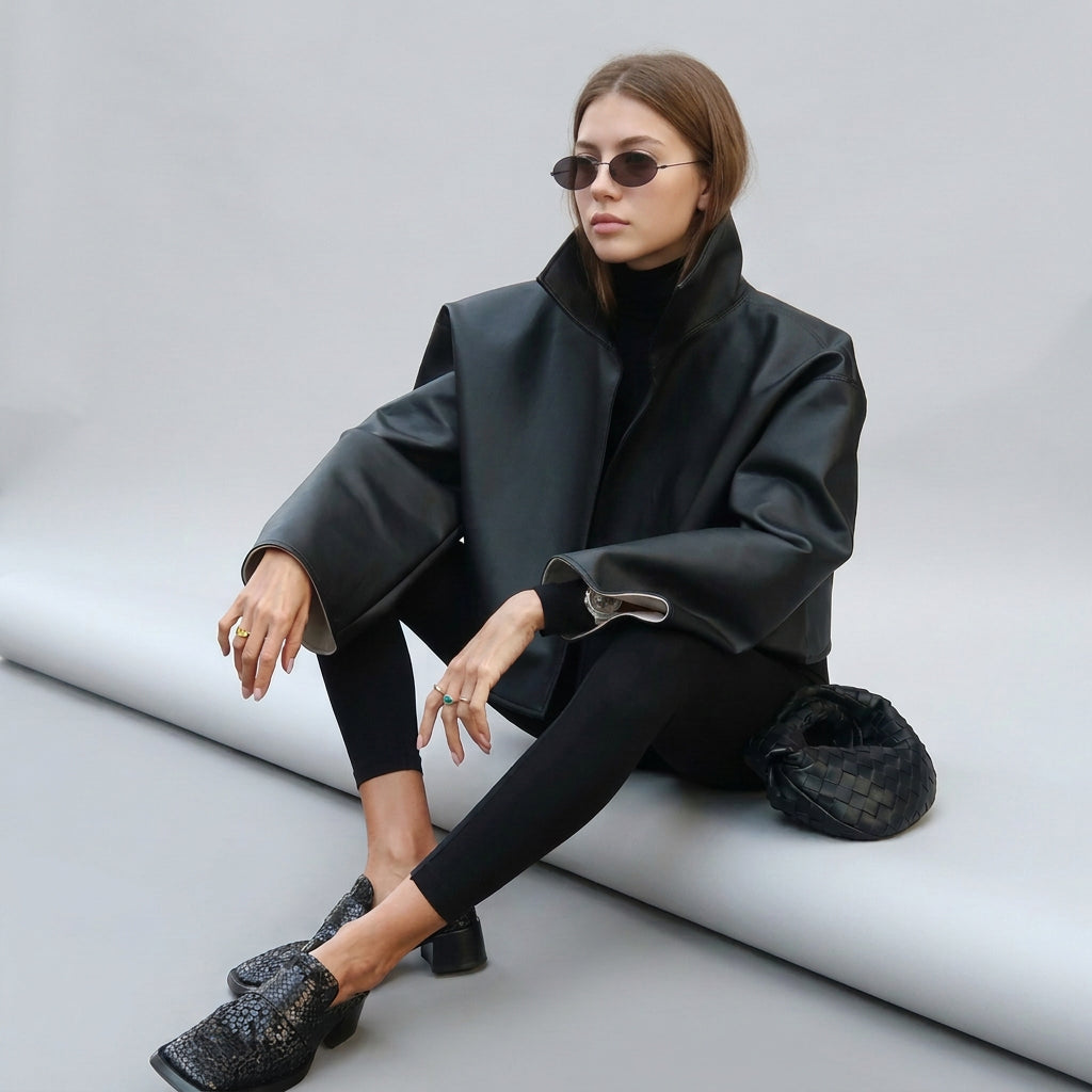 Relaxed faux-leather zip-up jacket product photo 17