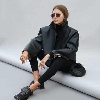 Relaxed faux-leather zip-up jacket product photo 17