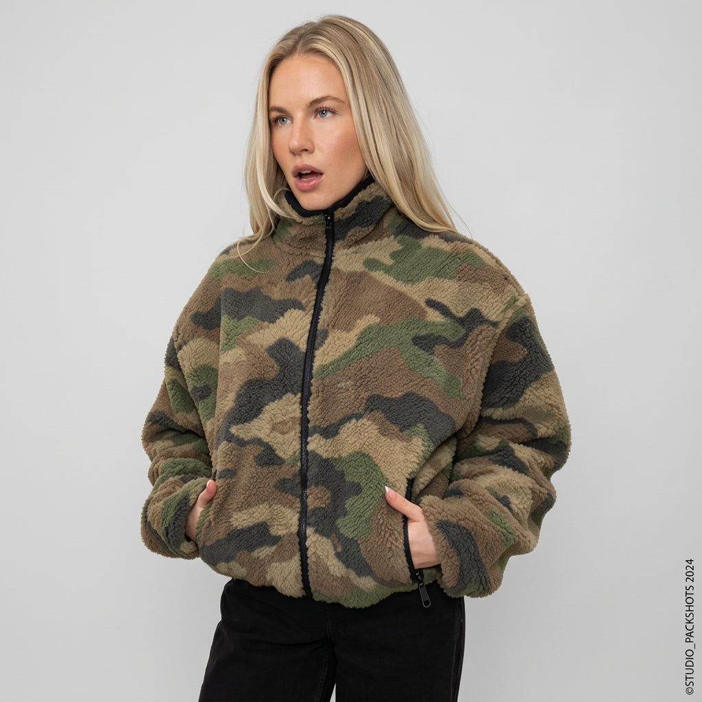 Camo fleece jacket showing the front zip closure