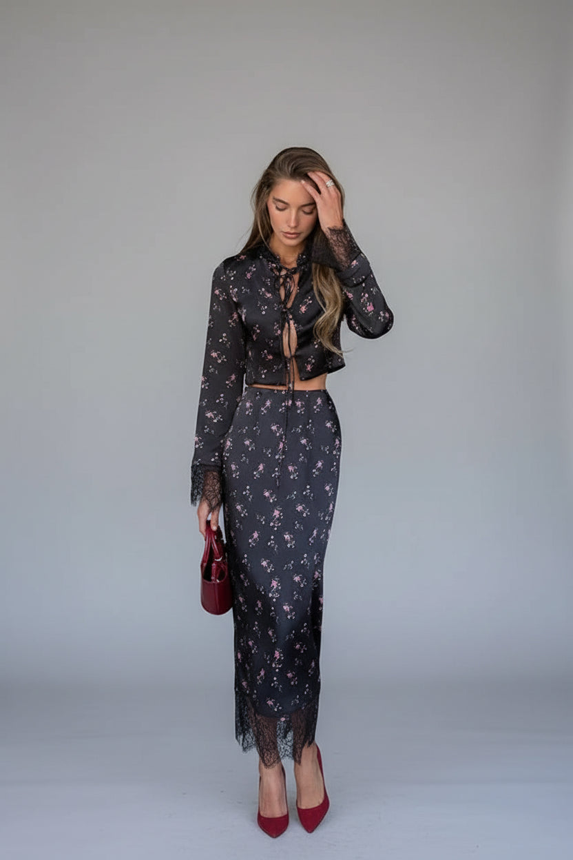 floral two piece set, women's floral skirt set, floral matching set women, women's two piece outfit, floral top and skirt set, long sleeve skirt set, V neck two piece set, women's evening outfit, elegant skirt set women, women's party outfit, date night outfit women, floral evening outfit, matching skirt and top, women's formal evening outfit, slim fit skirt set, floral party outfit, women's autumn outfit, stylish two piece set, black floral skirt set, women's occasion outfit