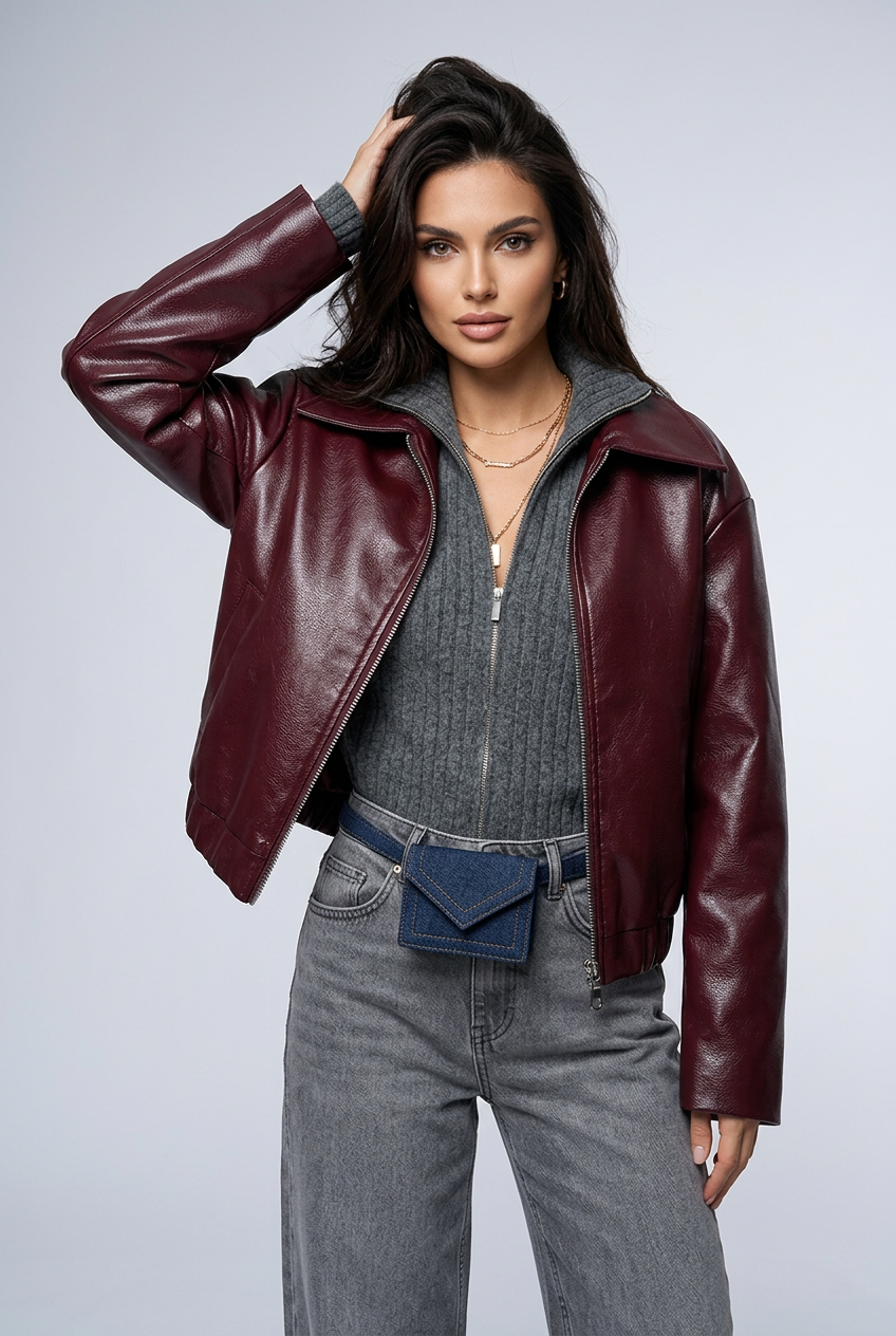 Wine red faux leather jacket outfit view
