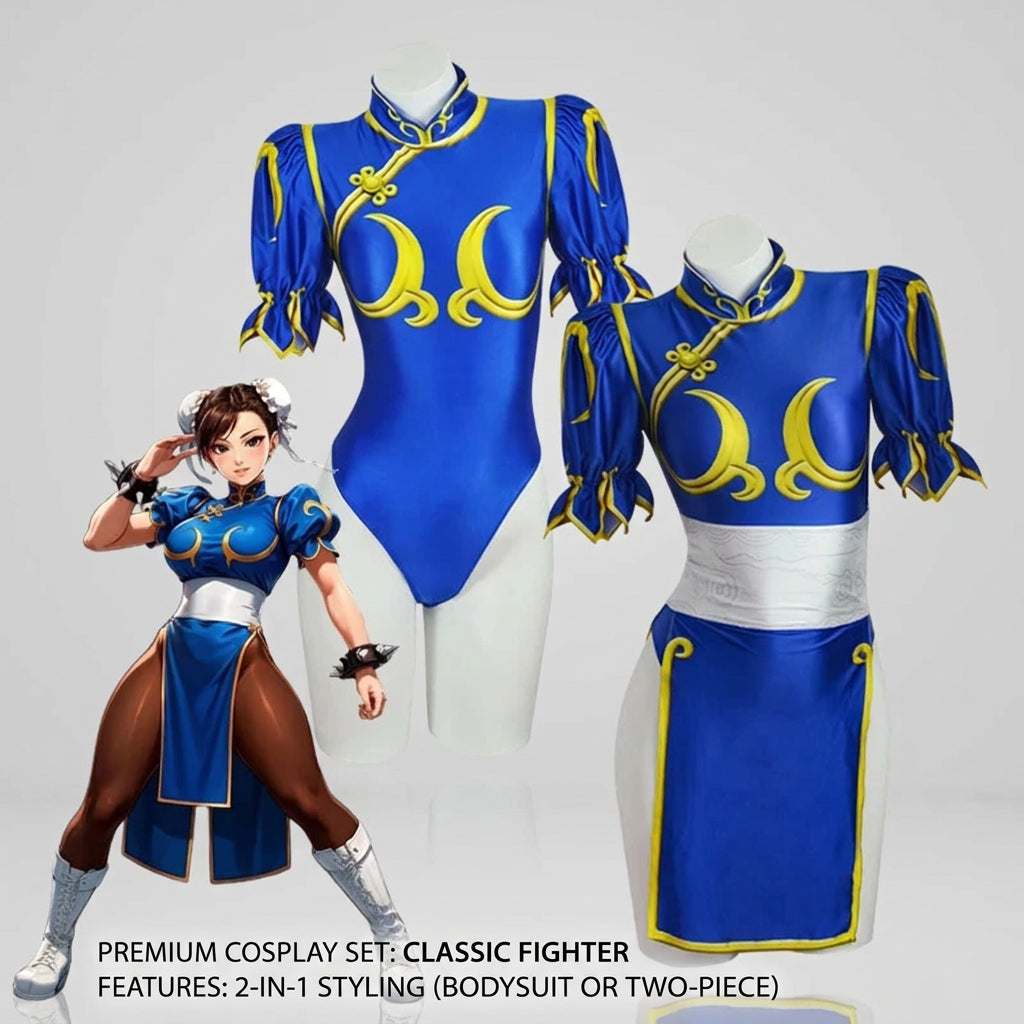 Blue Chun-Li Cosplay Costume Set with Skirt and Optional Bracelets