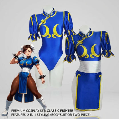Blue Chun-Li Cosplay Costume Set with Skirt and Optional Bracelets