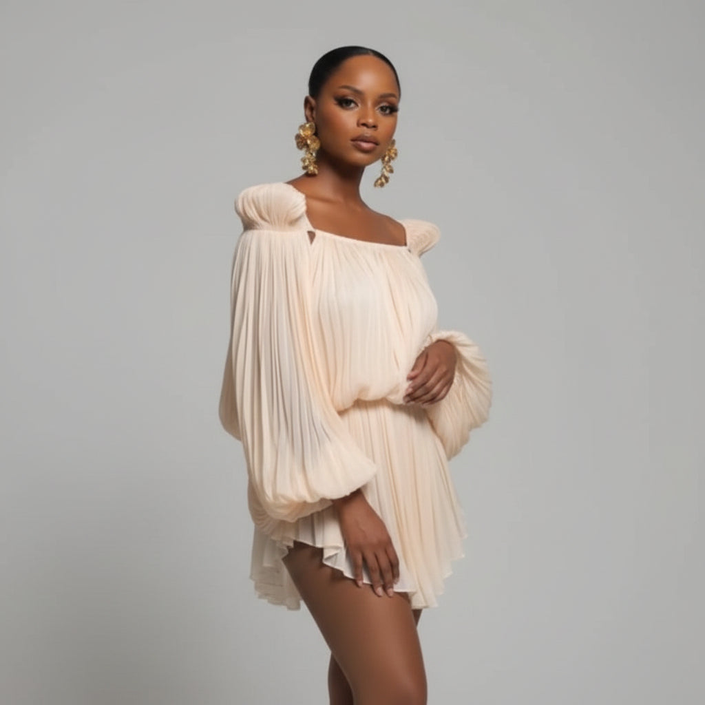 Missy pleated ruffled off-shoulder flared cuffs mini dress.