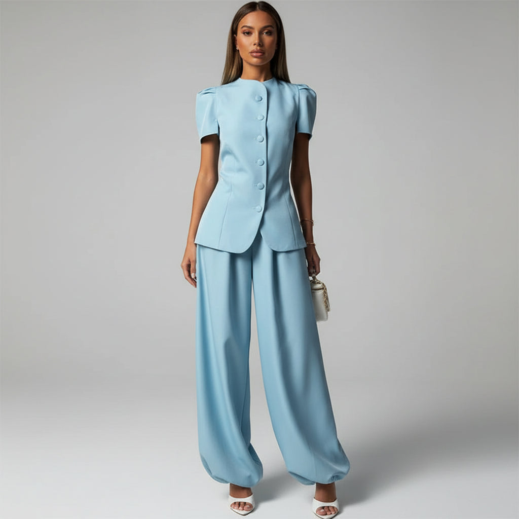 women's two piece set, women's matching set, women's top and pants set, two piece outfit for women, women's trouser set, women's summer set, short sleeve two piece set, high waist pants set, women's casual set, women's vacation outfit, women's brunch outfit, women's dinner outfit, women's resort wear, matching top and pants, women's coordinated outfit, elegant two piece outfit, women's fashion set, black two piece set, blue two piece set, yellow two piece set