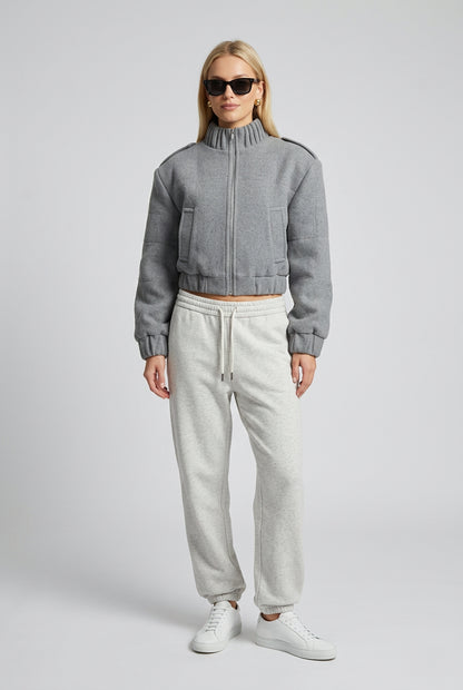 Close-up detail of the double-zip front on the Signature Double-Zip Jacket
