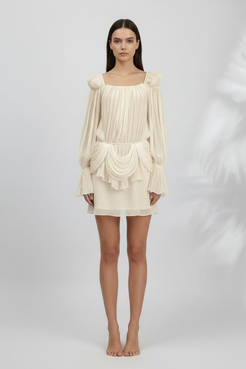 Missy pleated ruffled off-shoulder flared cuffs mini dress.
