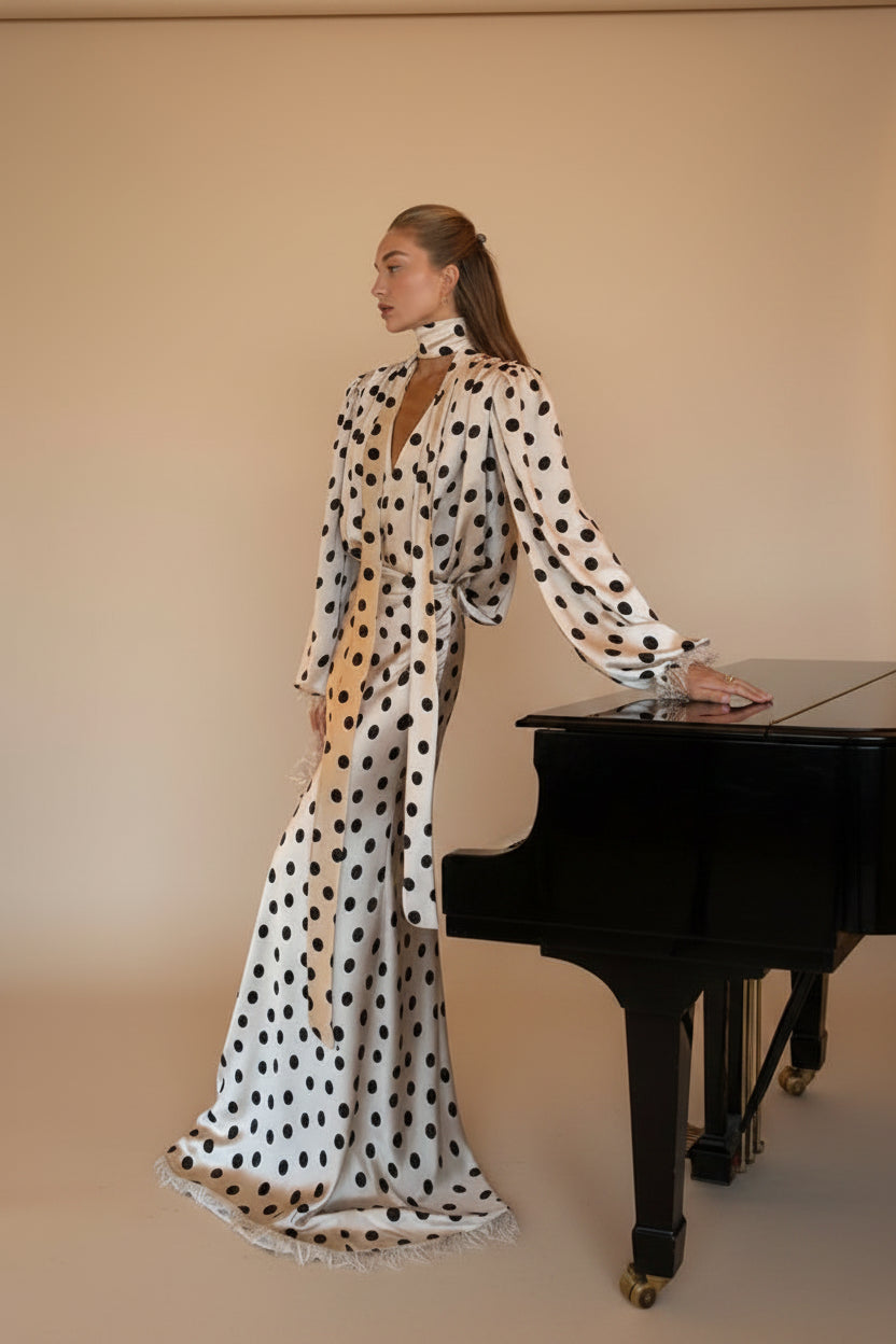 women’s satin maxi dress, polka dot maxi dress, elegant maxi dress for women, long sleeve maxi dress, satin polka dot dress, classy women’s dresses, wedding guest maxi dress, modest elegant dress, evening maxi dress, flowy satin dress, formal maxi dress women, black and white polka dot dress, chic women’s fashion, trendy maxi dresses, feminine satin dress, vacation maxi dress, birthday outfit dress, luxury women’s dress, timeless polka dot dress, elegant long sleeve dress, boutique maxi dress, special occas
