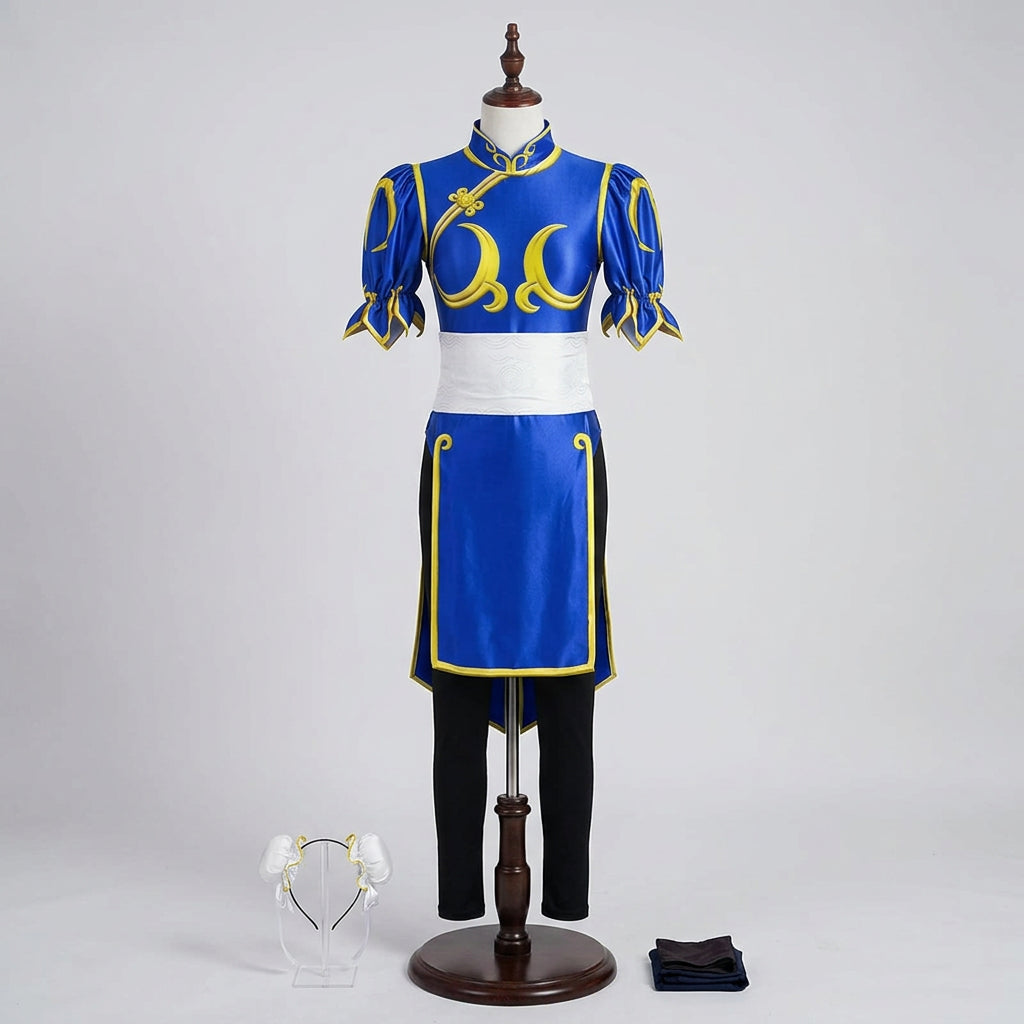 Blue Chun-Li Cosplay Costume Set with Skirt and Optional Bracelets
