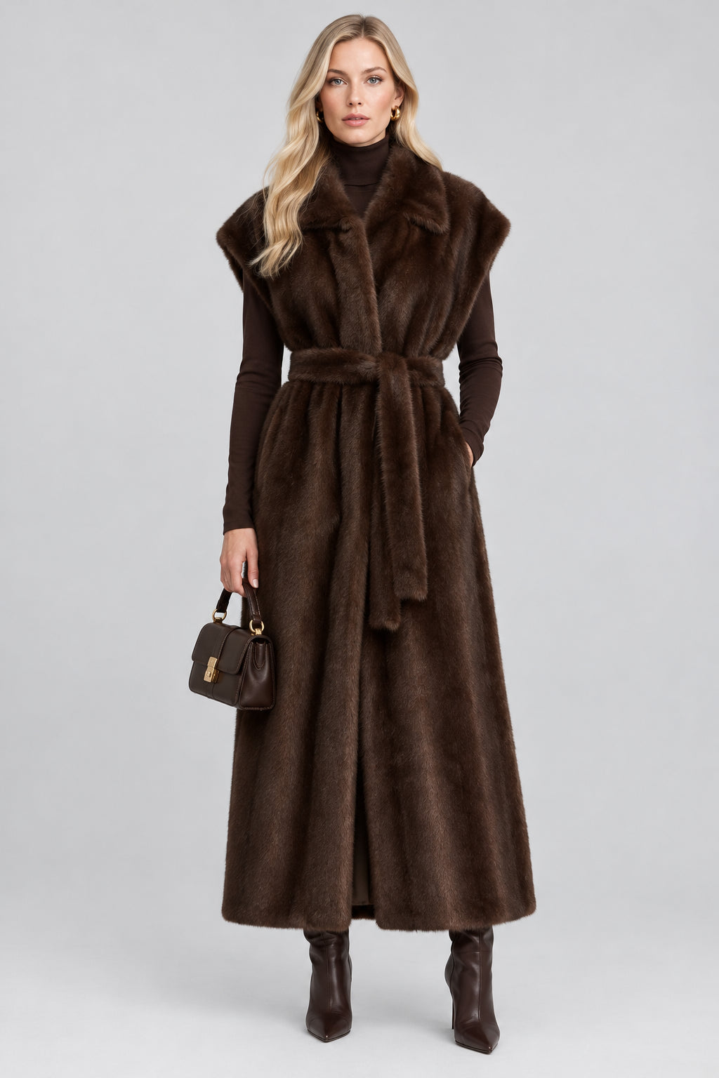 Long faux fur vest for women with a waist tie