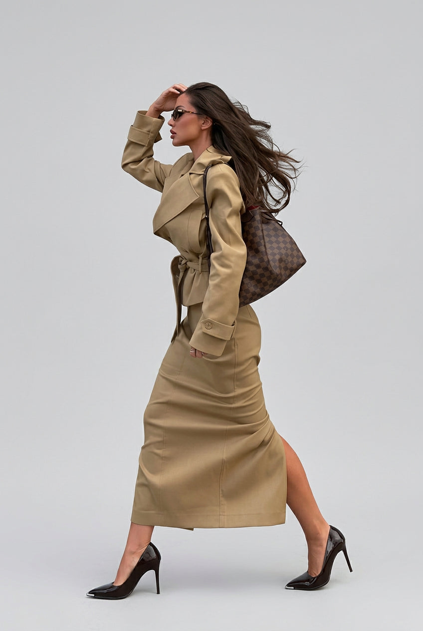 Khaki coat and midi skirt separates for smart-casual styling