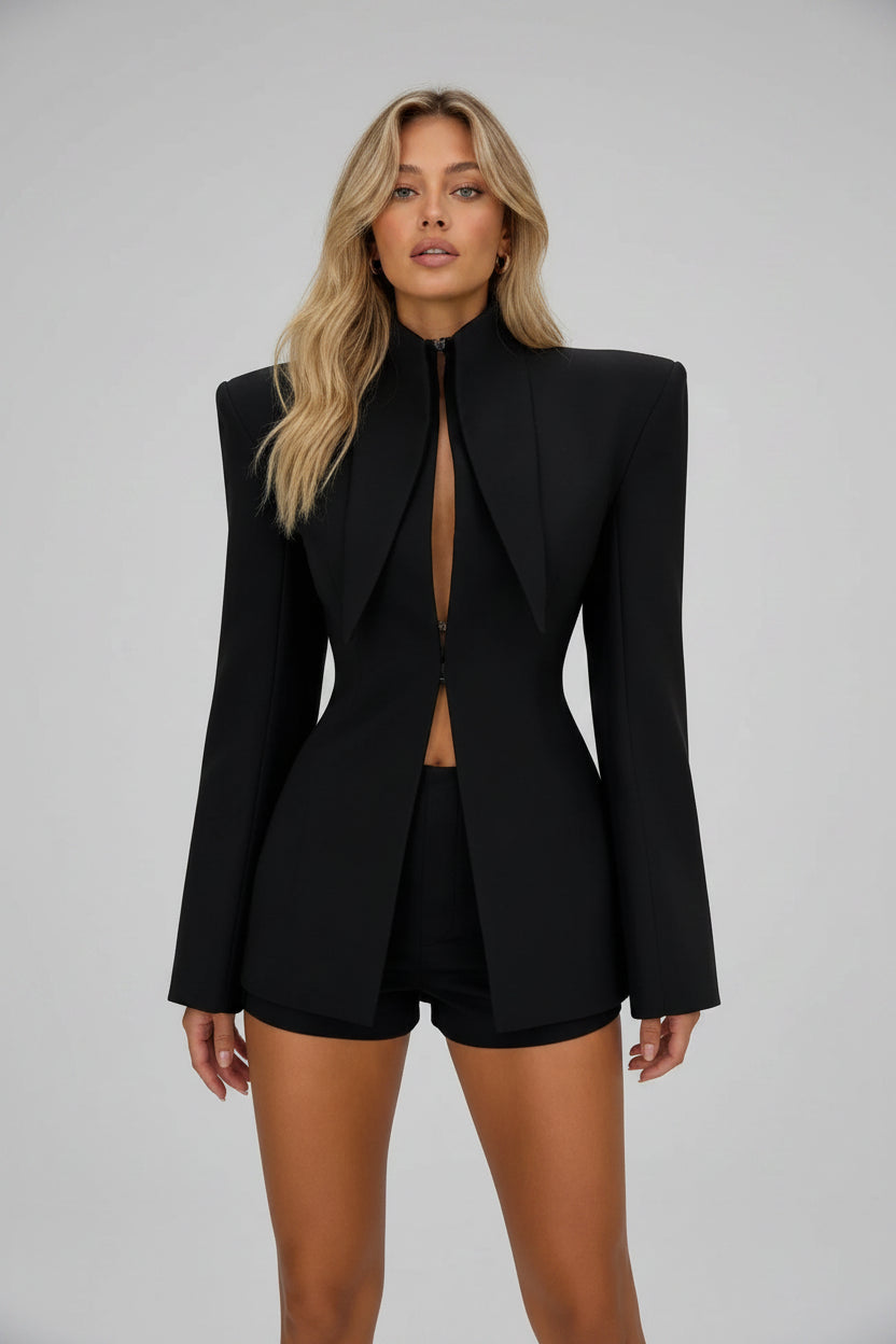 women's shorts suit, women's two piece suit, blazer shorts set women, tailored shorts set, women's blazer and shorts, two piece outfit women, elegant two piece set, women's tailored suit, shorts suit women, chic women's outfit, fall outfit women 2026, fall fashion 2026, women's blazer set, long sleeve blazer women, stand collar blazer, black shorts suit women, white shorts suit women, dinner outfit women, brunch outfit women, date night outfit women, business casual women, elegant women's fashion