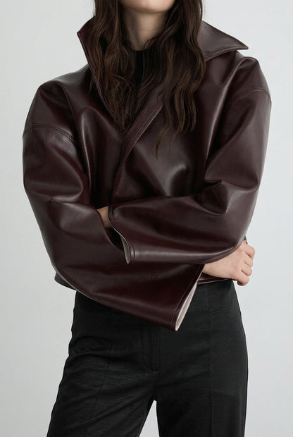 Relaxed faux-leather zip-up jacket product photo 15