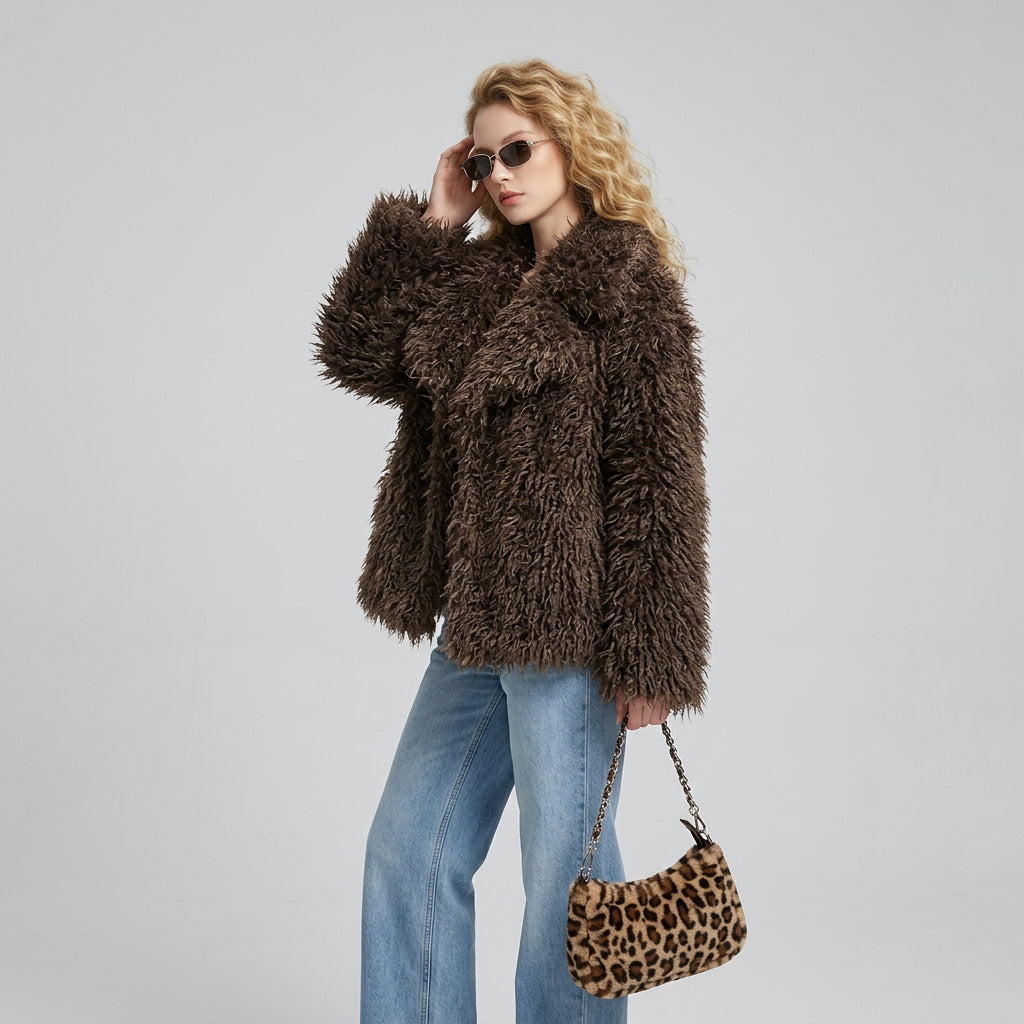 Plush faux fur coat showing the wide turn-down collar