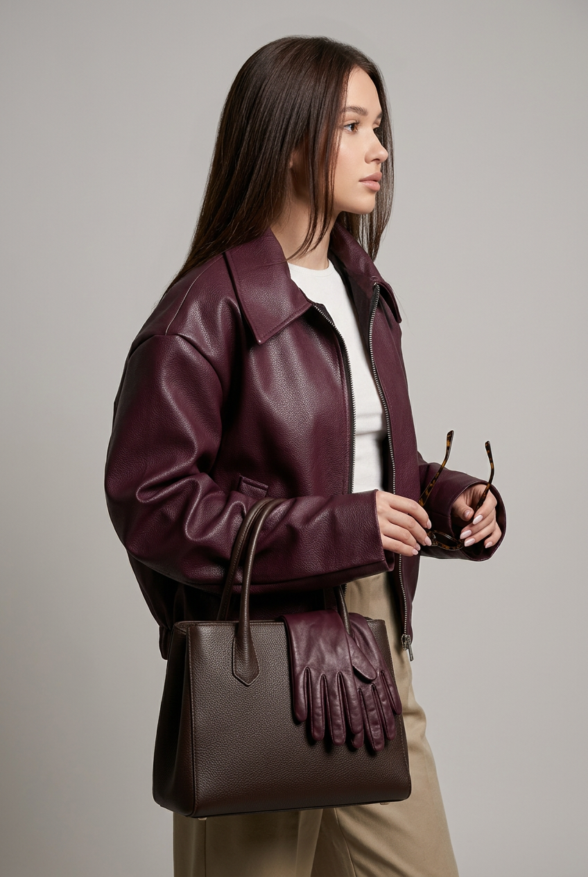 Wine red faux leather jacket styled outfit view