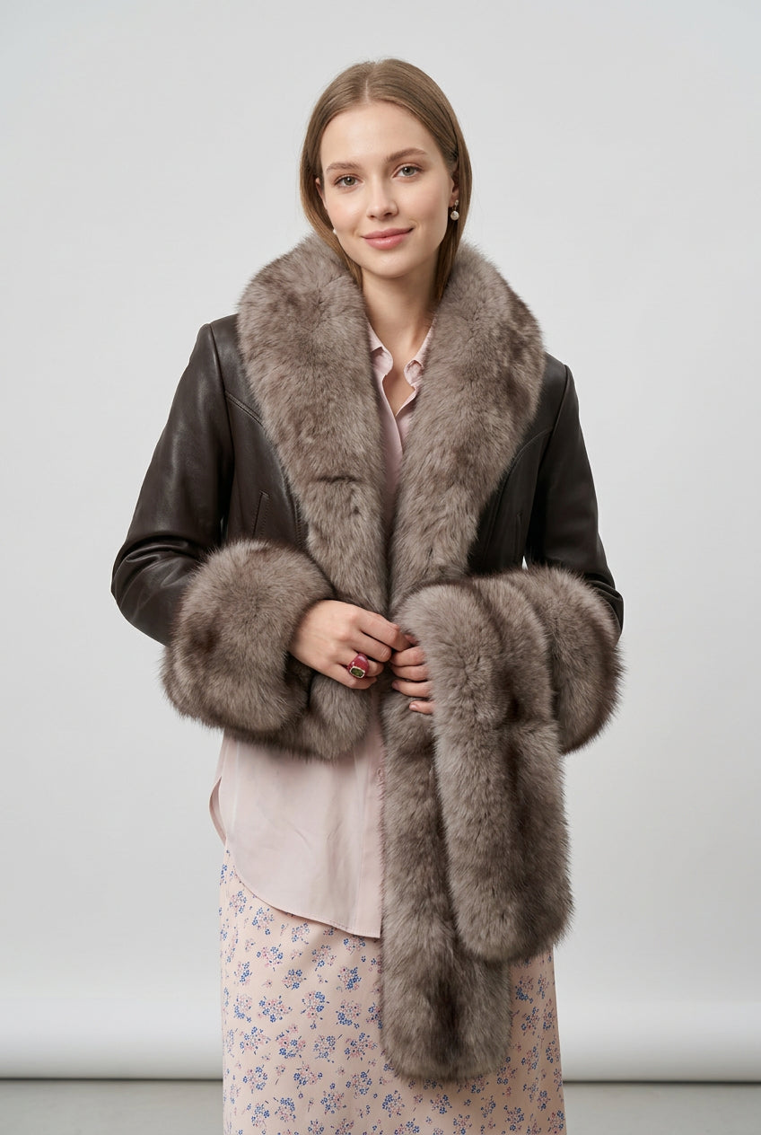 Close-up of the textured faux fur patchwork jacket