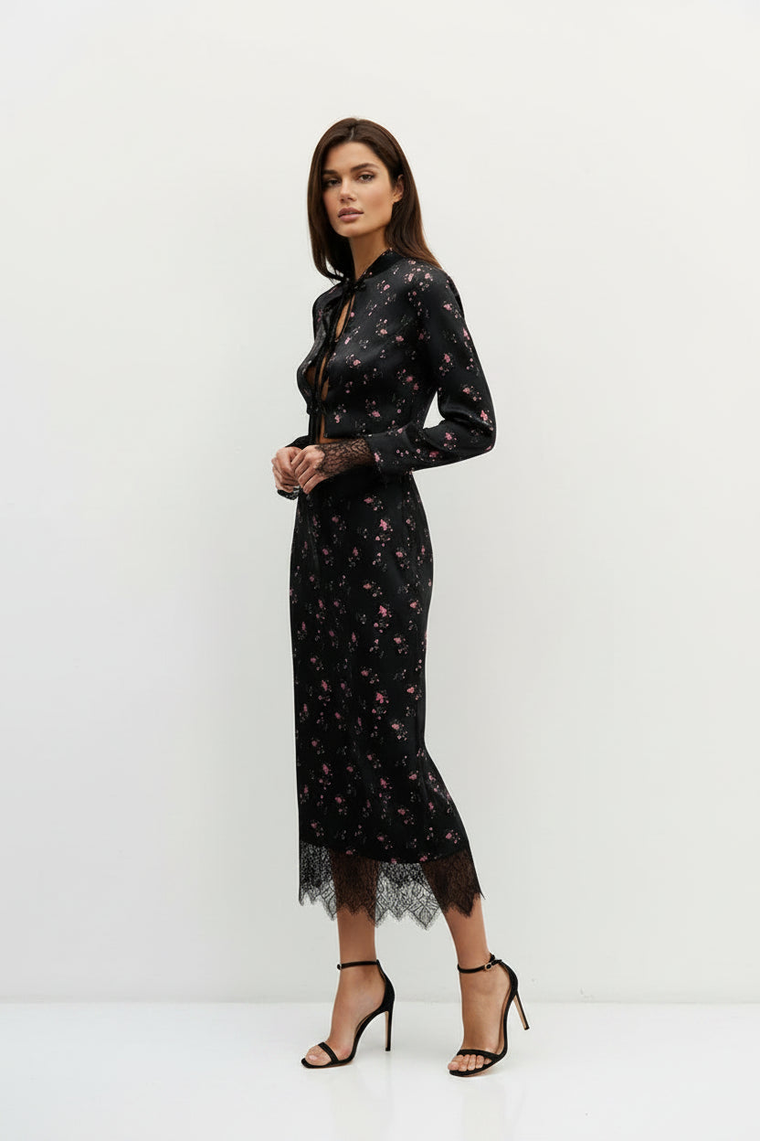 floral two piece set, women's floral skirt set, floral matching set women, women's two piece outfit, floral top and skirt set, long sleeve skirt set, V neck two piece set, women's evening outfit, elegant skirt set women, women's party outfit, date night outfit women, floral evening outfit, matching skirt and top, women's formal evening outfit, slim fit skirt set, floral party outfit, women's autumn outfit, stylish two piece set, black floral skirt set, women's occasion outfit