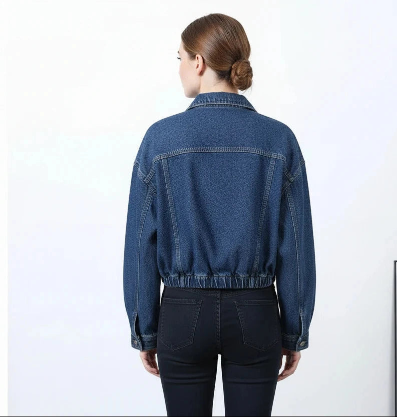cropped denim jacket women, blue cropped jacket women, women's cropped jacket, stand collar jacket women, relaxed cropped jacket, blue casual jacket women, women's street style jacket, cropped button jacket, women's lightweight jacket, casual women's outerwear, cropped blue jacket, women's spring jacket, women's everyday jacket, relaxed fit jacket
