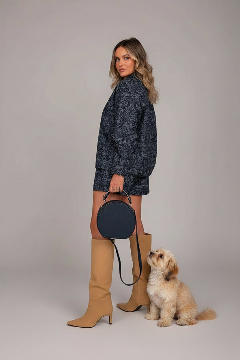 women's paisley two piece set, women's fall two piece outfit, paisley outfit women, fall outfit women 2026, women's matching set, long sleeve two piece set, jacket and shorts set women, vintage inspired outfit women, chic fall outfit women, autumn outfit women, women's casual two piece set, fall fashion 2026, women's boutique clothing, pumpkin picking outfit, fall photoshoot outfit, brunch outfit women, autumn matching set, navy blue two piece set, stylish fall outfits