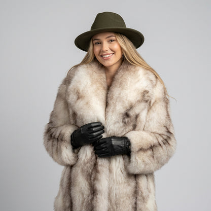 Striped faux fur coat showing the collar and front details