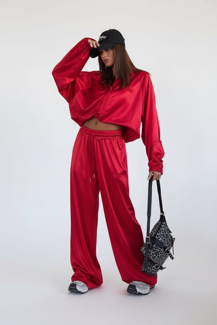 Dansa satin loose long sleeve crop top and wide leg trousers two-piece set streetwear.