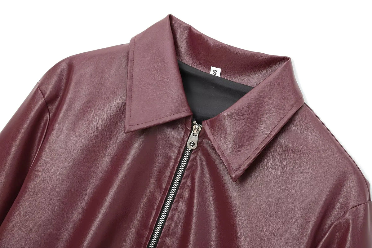 Wine red faux leather zip-up jacket product image
