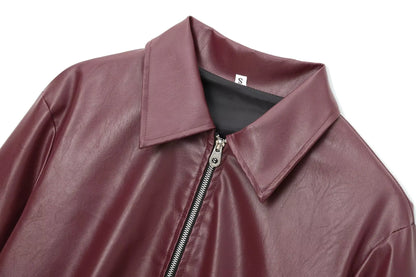 Wine red faux leather zip-up jacket product image
