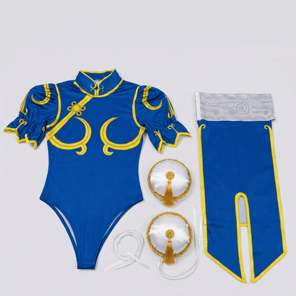 Blue Chun-Li Cosplay Costume Set with Skirt and Optional Bracelets