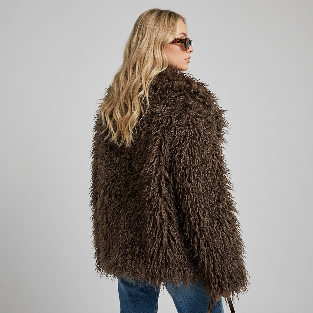 Faux fur coat with covered-button front closure