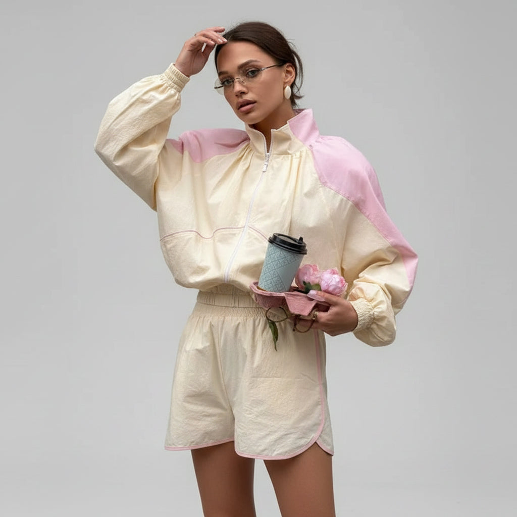 women's two piece shorts set, women's matching shorts set, color block two piece set, women's windbreaker set, women's jacket and shorts set, sporty two piece set women, women's summer outfit set, women's casual two piece outfit, women's athleisure set, women's streetwear set, matching jacket and shorts women, women's vacation outfit, women's travel outfit, women's weekend outfit, women's sporty outfit, women's casual set with shorts, color block outfit women, women's summer matching set, women's tracksuit 