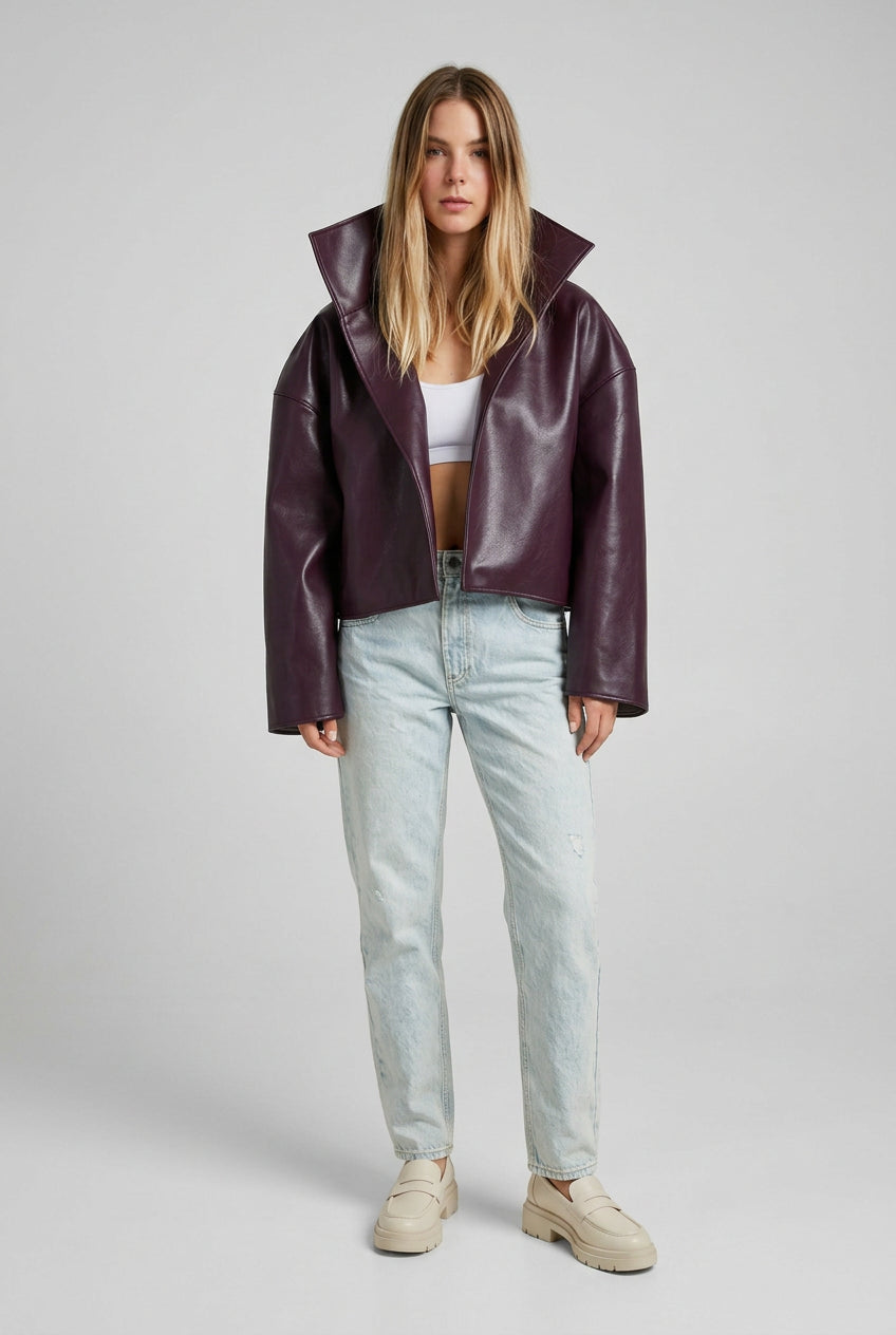 Relaxed faux-leather zip-up jacket product photo 23