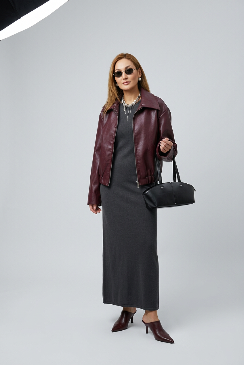 Wine red faux leather jacket sleeve detail