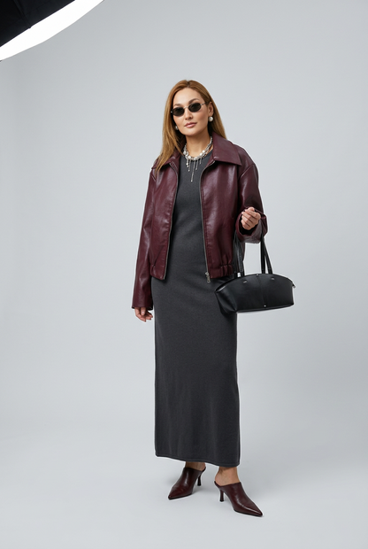 Wine red faux leather jacket sleeve detail