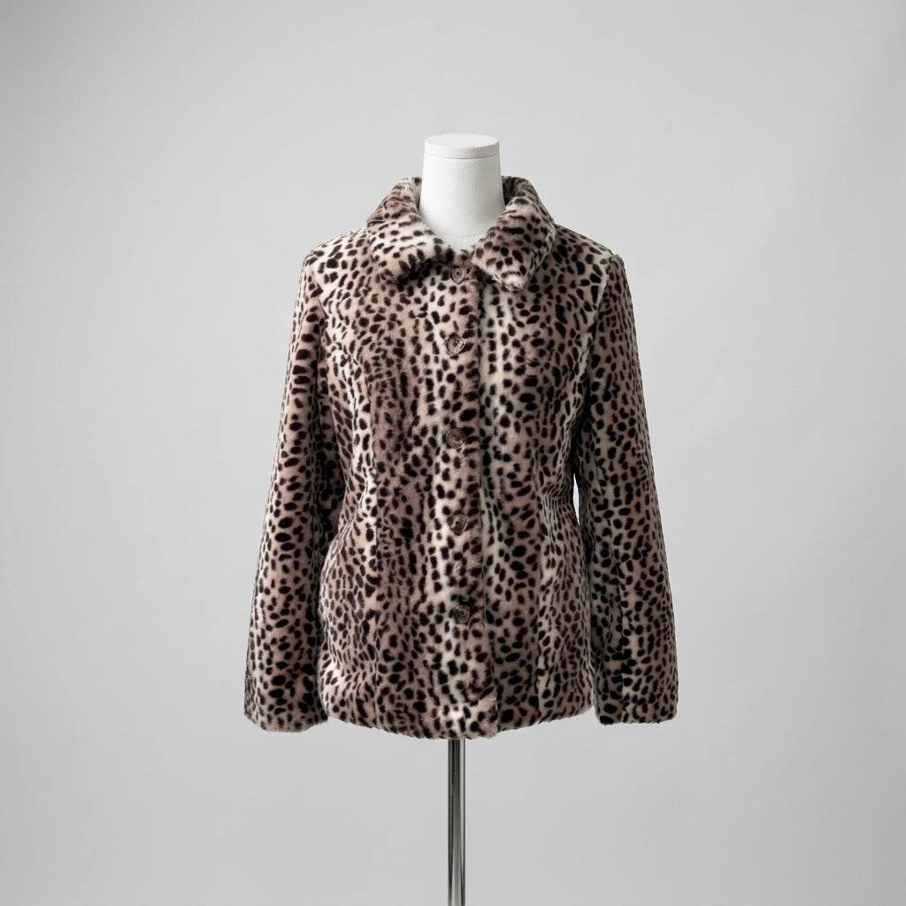 The Leopard Luxe Faux Fur Coat showing its overall shape and full-length sleeves