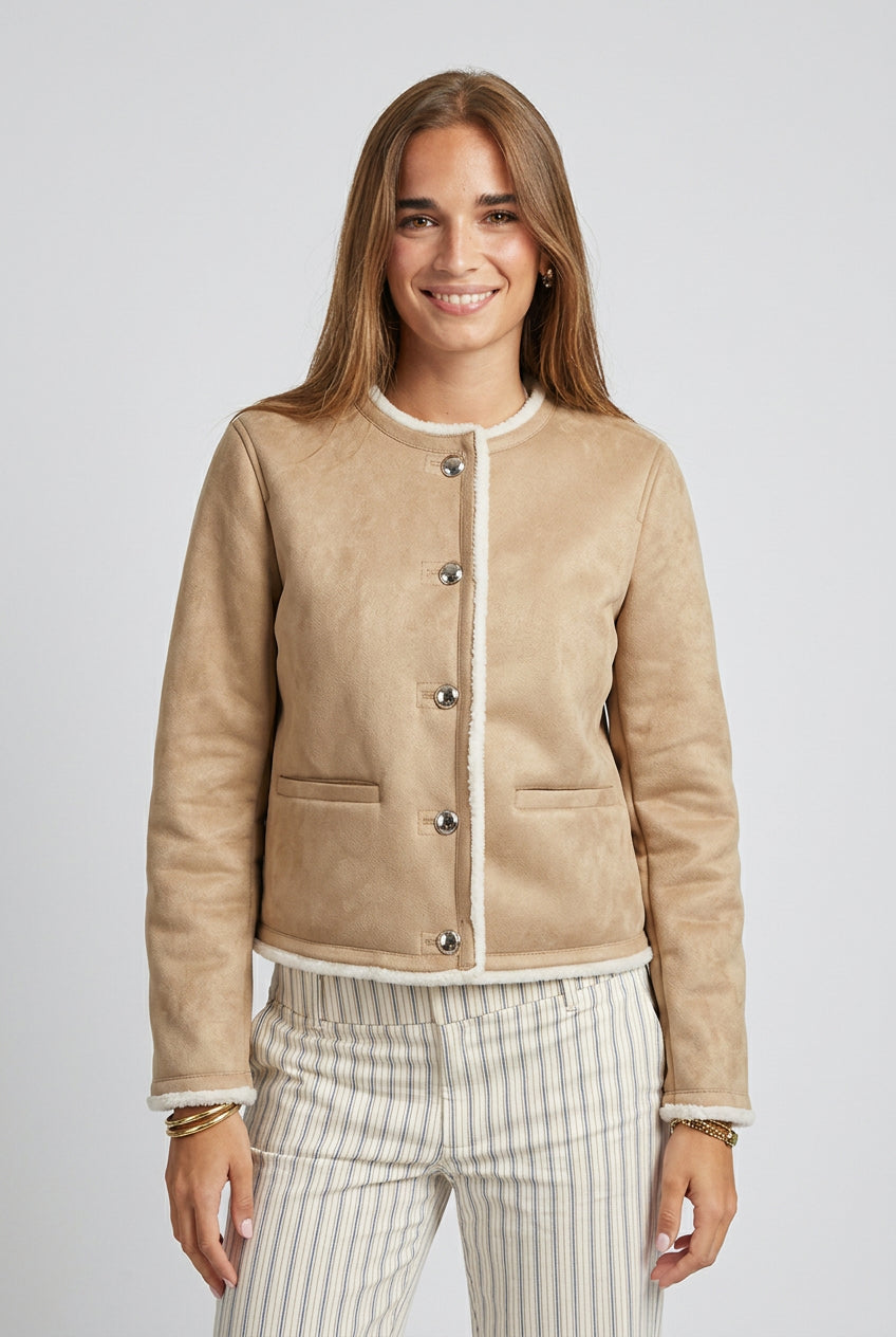 Khaki cropped button-up jacket front view