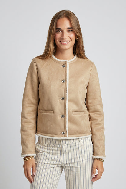 Khaki cropped button-up jacket front view