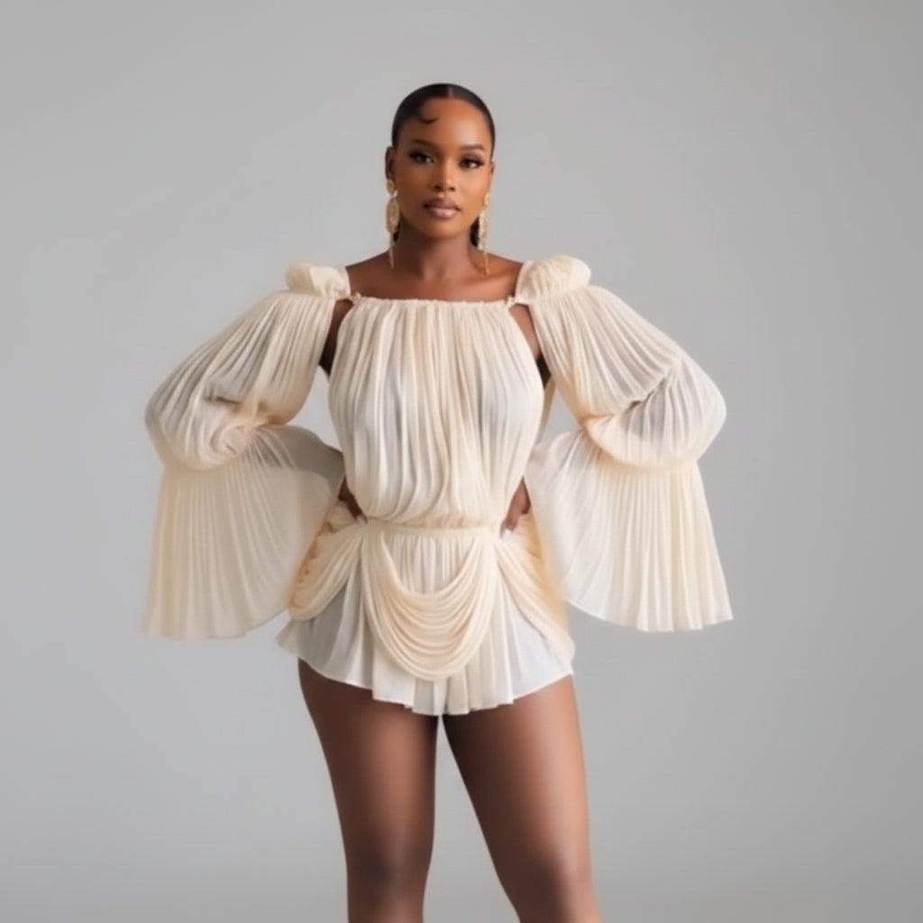 Missy pleated ruffled off-shoulder flared cuffs mini dress.