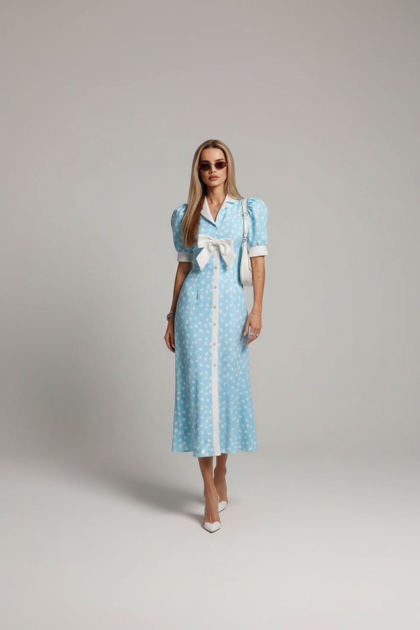 bow accent midi dress, women's midi dress, striped midi dress, summer midi dress, women's summer dress, bow dress for women, feminine midi dress, vacation dress for women, resort wear dress, brunch dress women, date night dress, summer vacation outfit, striped summer dress, women's holiday dress, elegant summer dress