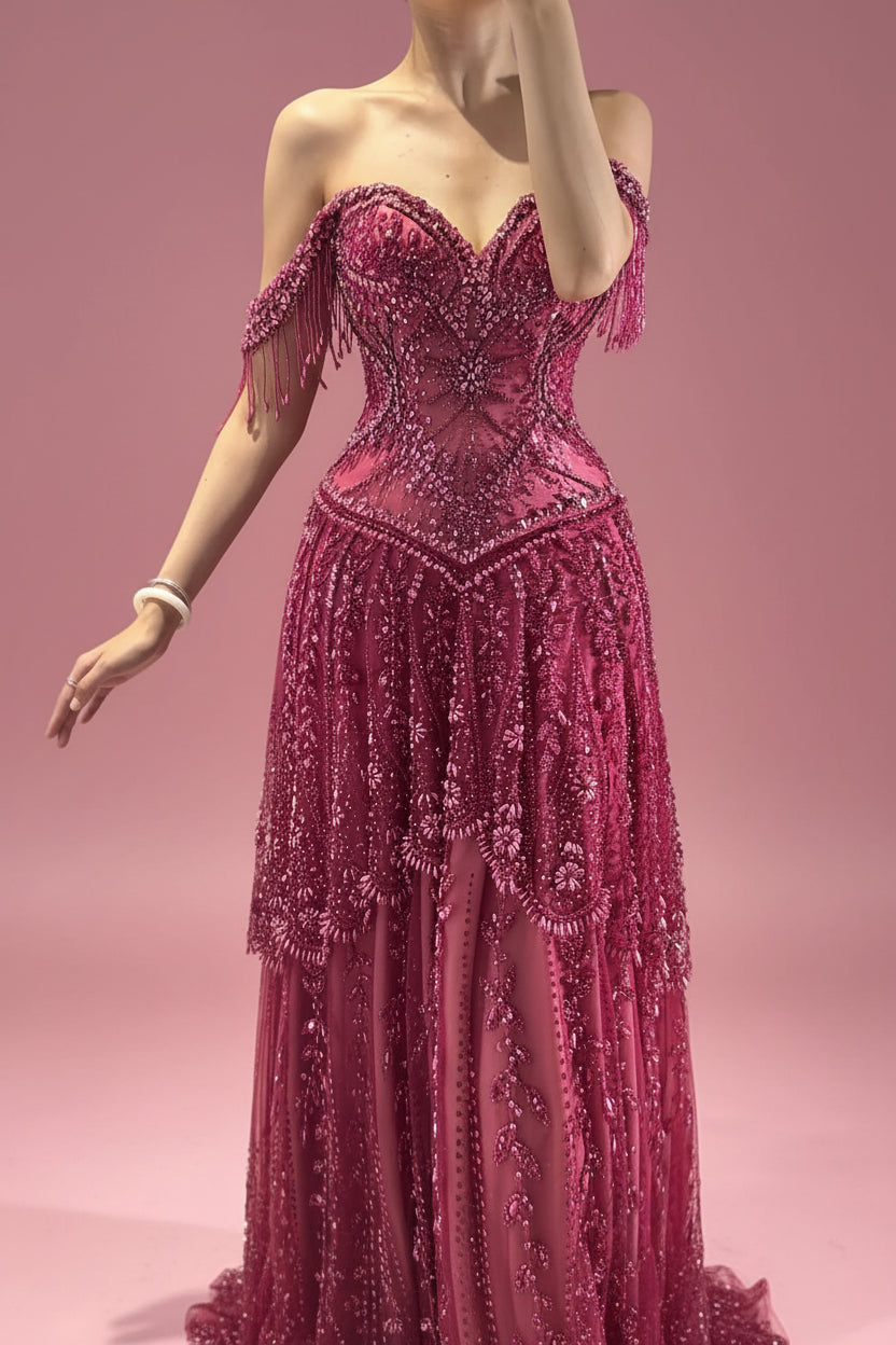 Luxury beaded evening gown, off-the-shoulder formal dress, elegant gala dress for women, designer-inspired evening wear, wedding guest evening dress, black tie event gown, luxury occasion dress, embellished formal gown, beaded tassel dress, red carpet evening gown, sophisticated women's formal wear, evening gown for special occasions, luxury wedding guest dress, fitted evening dress, glamorous formal dress for women.