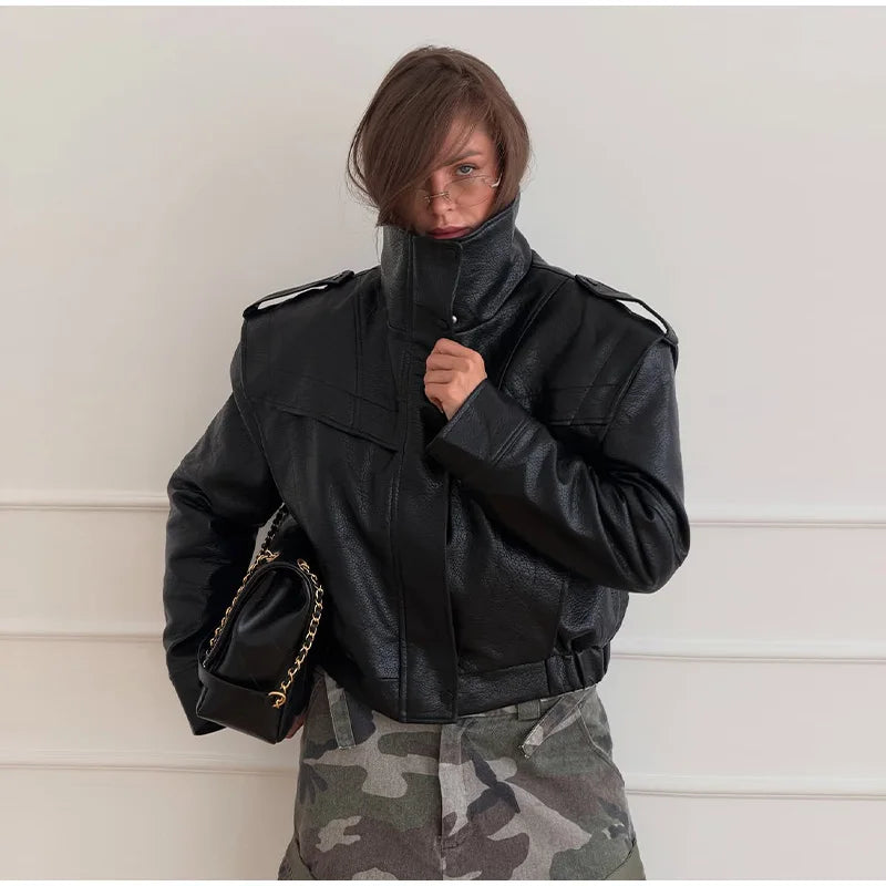 Back view of the structured stand-collar jacket