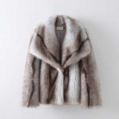 Striped faux fur coat showing its overall silhouette