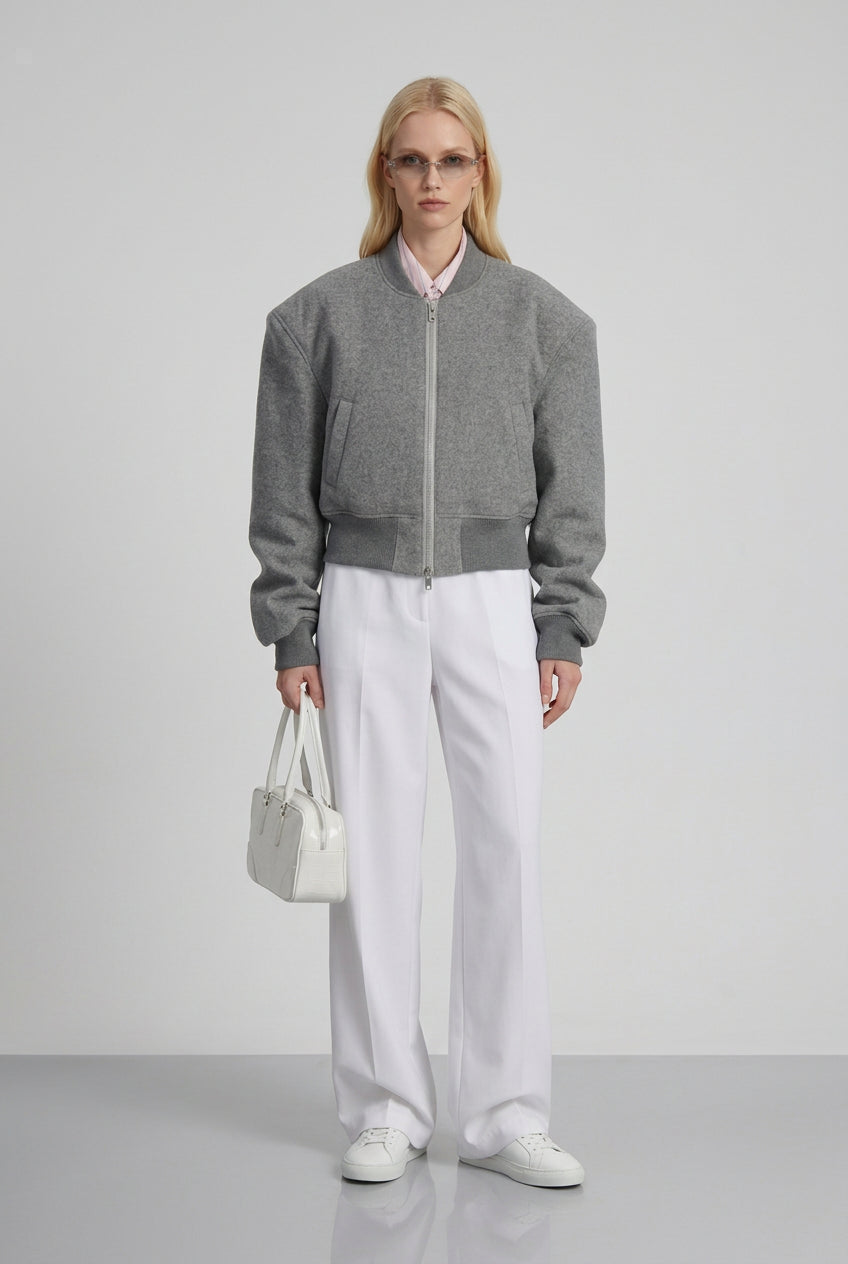 Gray double-zip jacket with stand collar and structured shoulders