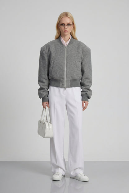 Gray double-zip jacket with stand collar and structured shoulders