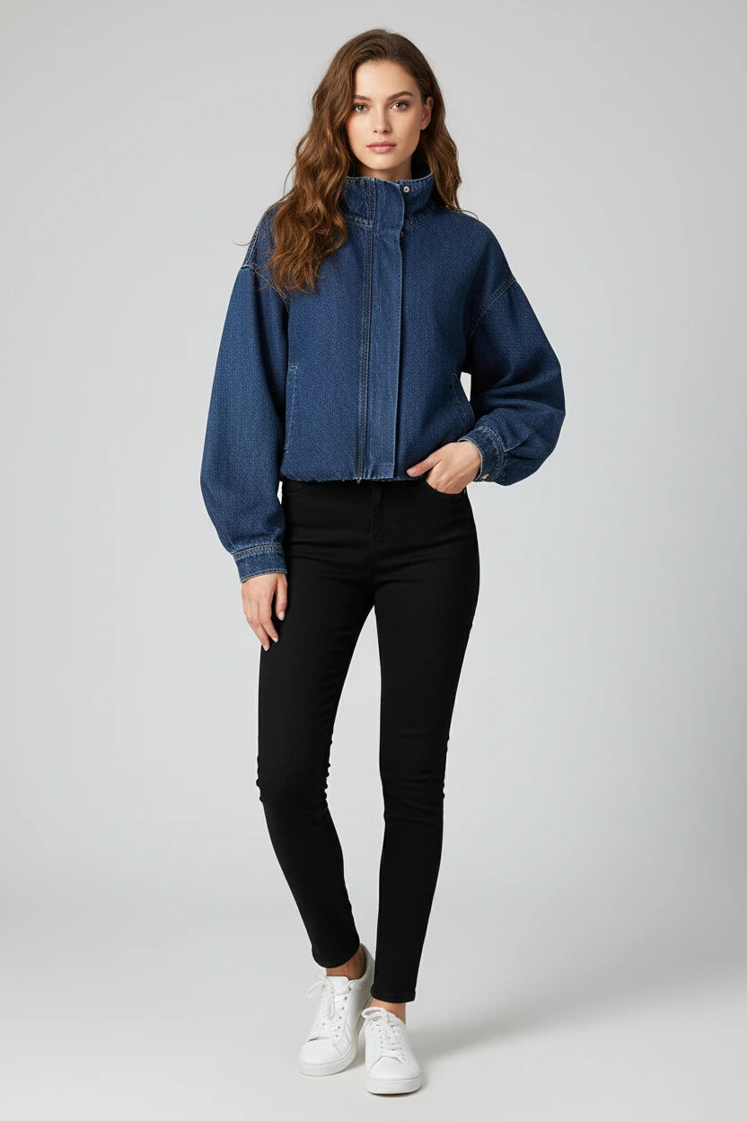 cropped denim jacket women, blue cropped jacket women, women's cropped jacket, stand collar jacket women, relaxed cropped jacket, blue casual jacket women, women's street style jacket, cropped button jacket, women's lightweight jacket, casual women's outerwear, cropped blue jacket, women's spring jacket, women's everyday jacket, relaxed fit jacket