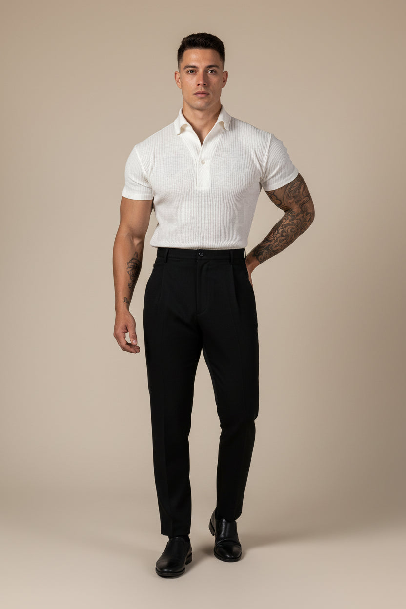 men's ribbed polo shirt, fitted polo shirt, knit polo shirt, short sleeve polo shirt, men's casual polo, slim fit polo shirt, stretch polo shirt, men's smart casual clothing, ribbed knit polo, spread collar polo shirt, men's summer polo, men's fashion polo, breathable polo shirt, men's wardrobe essentials, modern men's clothing