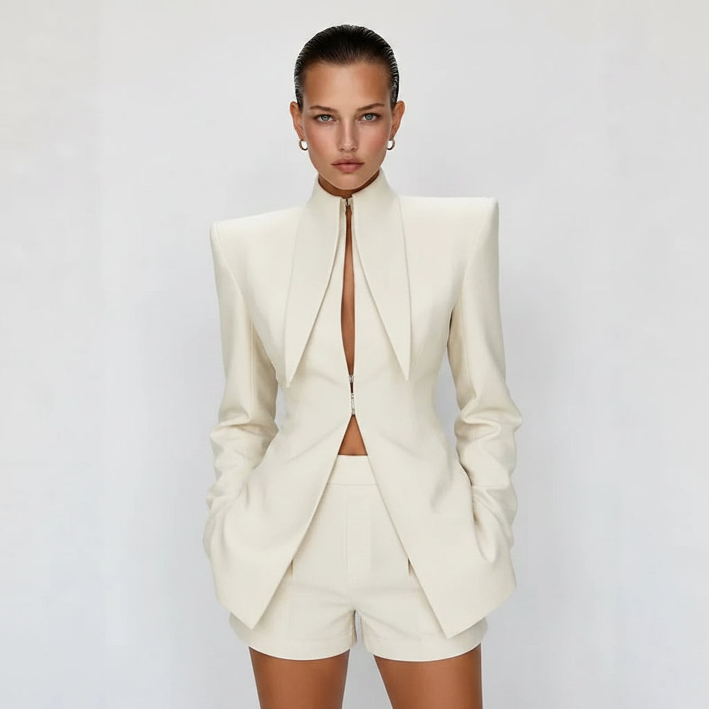 women's shorts suit, women's two piece suit, blazer shorts set women, tailored shorts set, women's blazer and shorts, two piece outfit women, elegant two piece set, women's tailored suit, shorts suit women, chic women's outfit, fall outfit women 2026, fall fashion 2026, women's blazer set, long sleeve blazer women, stand collar blazer, black shorts suit women, white shorts suit women, dinner outfit women, brunch outfit women, date night outfit women, business casual women, elegant women's fashion