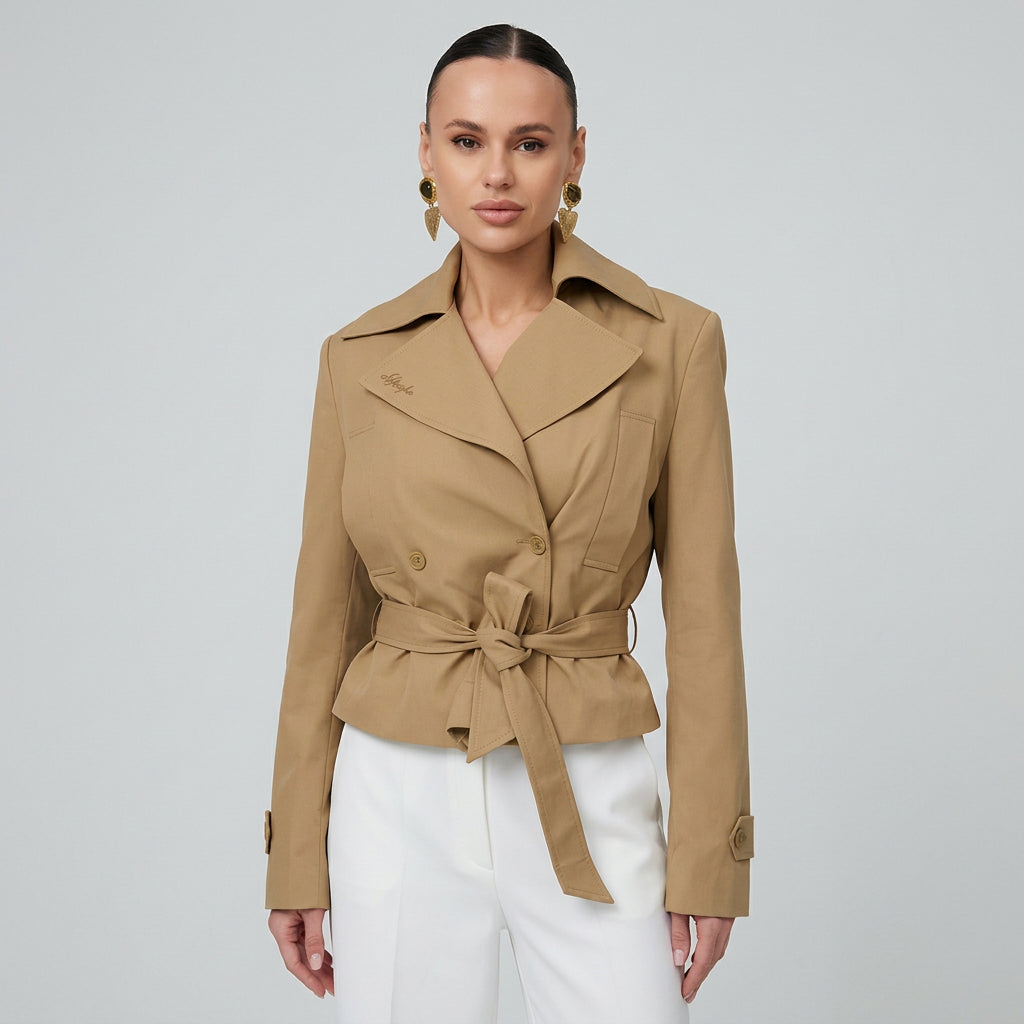 Khaki tailored coat and skirt pieces in a matching neutral tone