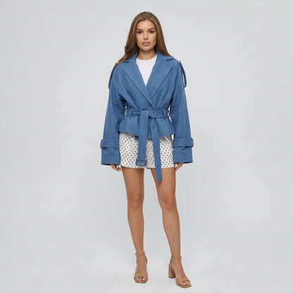 Women's double-breasted belted jacket with turn-down collar