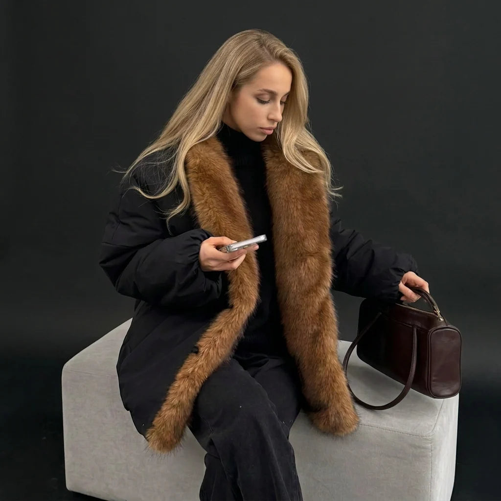 Close-up of the plush faux-fur collar and quilted jacket detailing