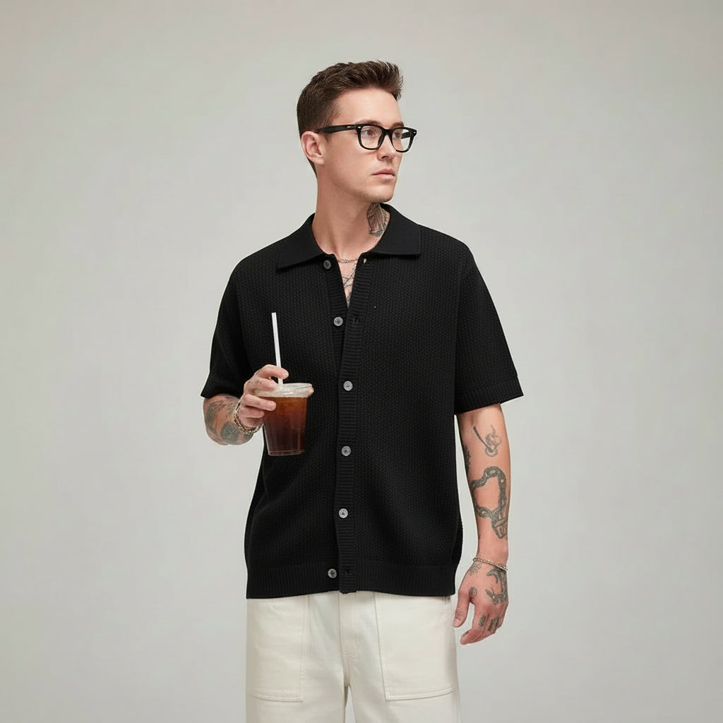 men's crochet polo shirt, crochet knit polo, short sleeve polo shirt, breathable knit polo, men's summer shirt, button up polo shirt, lightweight polo shirt, textured knit polo, men's casual polo, summer knit shirt, men's fashion polo, smart casual menswear, men's summer clothing, men's resort wear, breathable summer top